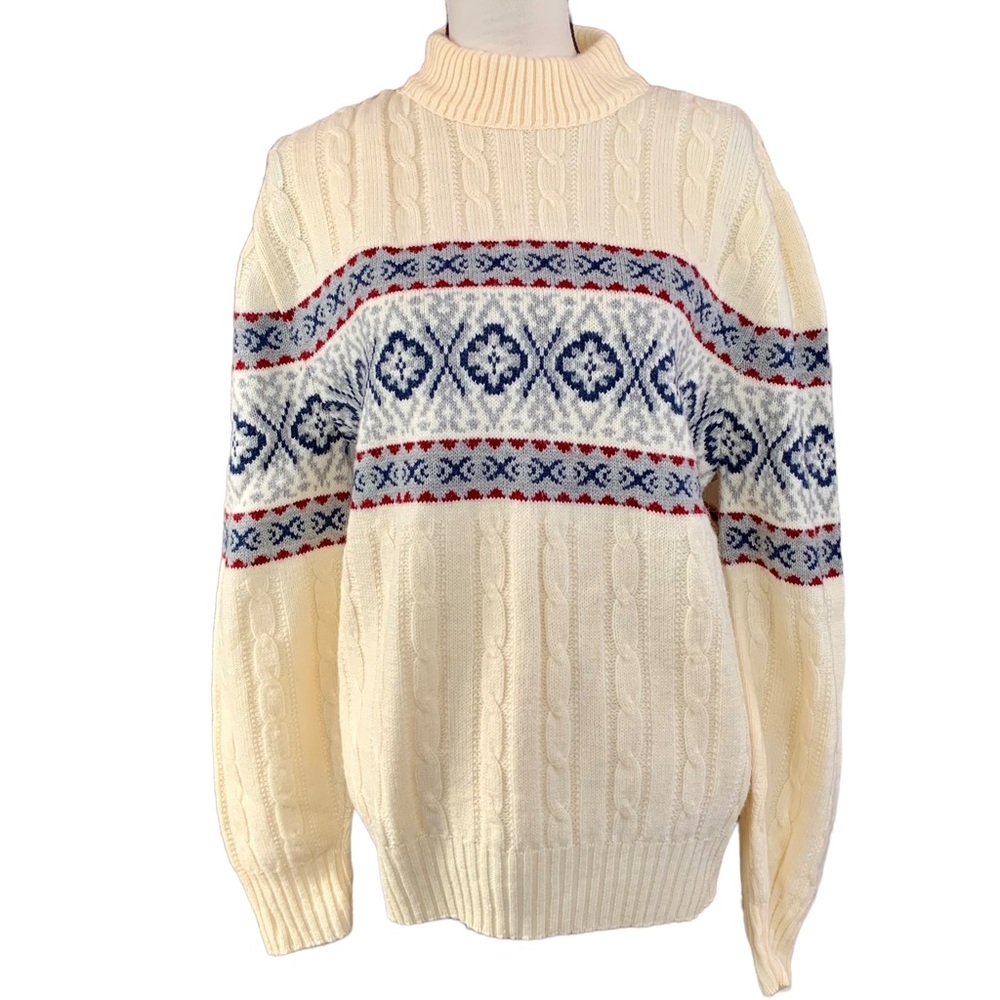 Vintage 70s 80s Jantzen Nordic Fair Isle Cable Knit Mock Neck Oversized Sweater - Picture 1 of 6